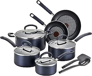 T-fal 2100094329 12 Piece Color Luxe Hard Titanium Nonstick Thermo-Spot Cookware Set, Blue