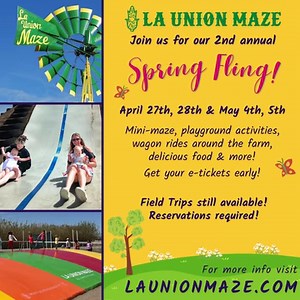 Get ready to spring into fun at La Union Maze! Join us on April 27th, 28th, May 4th, and 5th! Enjoy wagon rides around the farm, playground activities, explore our mini oat maze, cheer on your favorite pig at the pig races, and so much more! Mark your calendars and bring the whole family! Get your e-tickets early! 🌻 #SpringFling #LaUnionMaze #FamilyFun | La Union Maze