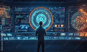 Man Observing Futuristic Data Visualization on Massive Control Panel Screens