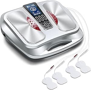 EMS Foot Massager with Heat,TENS Electronic Muscle Circulation Stimulator with 4 Electrode Pads for Neuropathy,Relieves Swelling, Fatigue, Plantar Fasciitis-Silent Operation (Silver) (Silver)