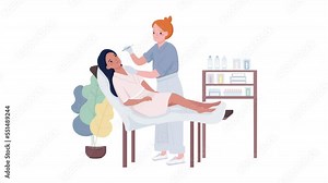 Animated characters at salon. Filler injections procedures. Full body flat people on white background with alpha channel transparency. Colorful cartoon style HD video footage for animation