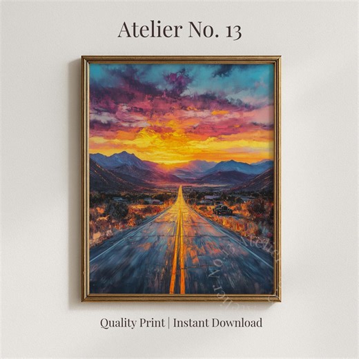 Moody Route 66 Printable Landscape - Vintage Highway Painting, Dramatic Sunset Sky, Surreal Road Art, Historic Scene Digital Download 560 - Etsy España