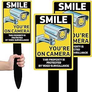 Tandefio 2 Set 10 x 7 Inch Smile You're on Camera Signs with 17" Stake This Property Is Protected by Video Surveillance Yard Signs Weatherproof Acrylic Security Camera Sign for Outdoor Yard Garden