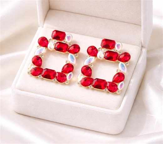 Red Statement Earrings, Ruby Crystal Earrings, Chunky Square Earrings, Bold Glam Jewelry, Party Earrings for Women - Etsy
