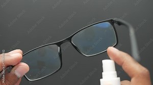 cleaning a eyeglass with spray
