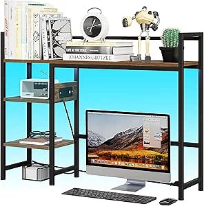 Book Shelf with 3 Tier Open Shelf, Bookcase with Light Strip and Outlet, Bookshelf & Desk Shelfs for Computer Desks, Desk Hutch Bookshelfs for Home Office Adjustable Desktop Shelf Rustic Brown