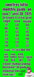 246K views · 1.2K reactions | Update monthly guide on June 1. Until 30. 2025 3d guide & stl tips guide sa Swertres lotto. Good luck | Michael Olandag | Facebook