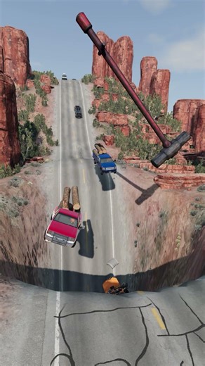 Massive Sinkhole Jump! Can Cars Clear the Giant Pit & Dodge the Hammer? 🚗🔨 #beamngdrive #shorts