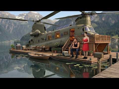 Building a House on Lake (ASMR) – Couple Turns Old Chinook helicopter into Home | Start to finish