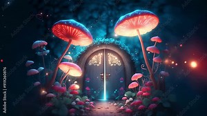 Magical Doorway in an Enchanted Forest: Glowing Mushrooms and Twinkling Lights Lead to a Mysterious World. Fantasy, Fairy Tale, Adventure Concept. Enchanted Doorway & Fairy Tale World