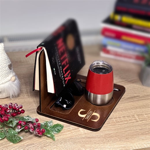 Engraved Wooden Book Nook: Personalized Book Holder, Coffee Cup & Glasses Valet - Etsy