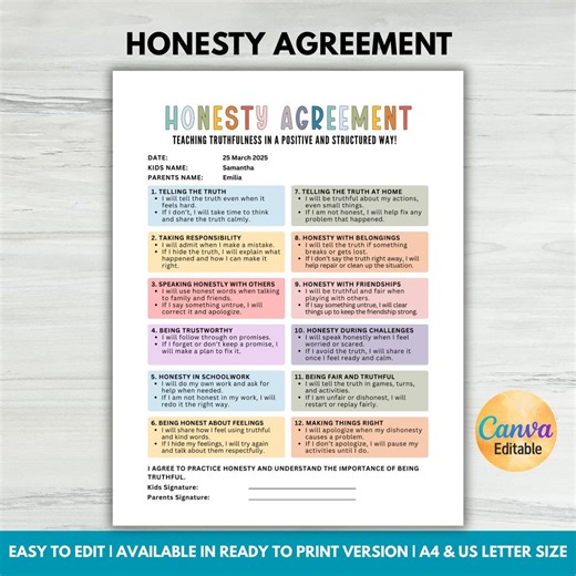 Honesty Agreement for Kids, Behavior Contract, Responsibility and Behavior Management Chart, Good Behavior Chart, Editable Canva Template - Etsy Australia