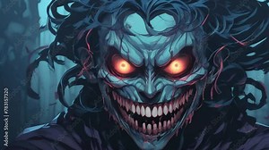 A cursed mask twisting into a sinister grin, horror, dark corner, magical skull dark power night forest, 2d flat anime-style.