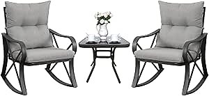 COSIEST 3 Piece Bistro Set Patio Rocking Chairs Outdoor Furniture w Warm Gray Cushions, Glass-Top Table for Garden, Pool, Backyard