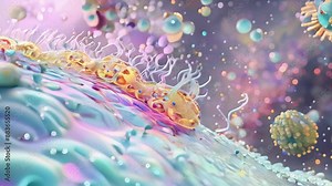 Detailed view of a taste receptor cell with its cell membrane riddled with channels and receptors for taste molecules.