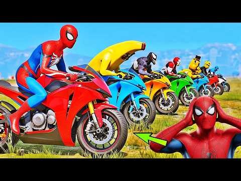 Spider-Man and Friends Jump on a Motorcycle! Airport Parkour Challenge with Spider-Man!