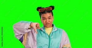 Green screen face, thumbs down or studio woman of negative fail sign, no opinion or decision disagreement vote. Emoji hand gesture, chroma key or portrait of retro female fashion on mockup background