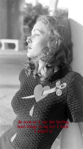 The “bleeding heart” or “heart-and-dagger” sweaters were an iconic novelty fashion of the 1940s. The style is attributed to Los Angeles designer Suse (Susan) Dannenberg, who in the mid-1940s began applying elaborate felt appliqués to hand-knit sweaters to “distract from her portly figure.” Her novelty sweaters became an immediate sensation, worn by numerous Hollywood starlets, including Barbara Stanwyck and Esther Williams, and were featured in LIFE magazine. The most famous design was the “Jeze