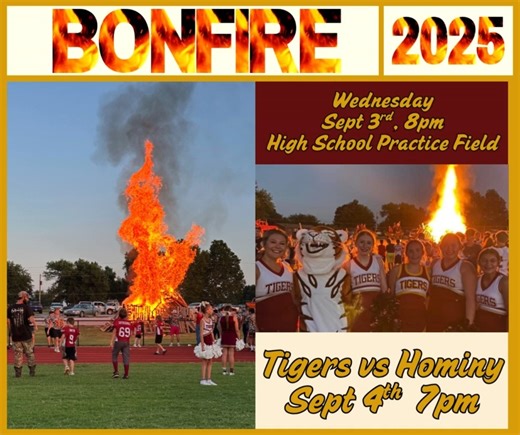 🔥🏈 Tiger Bonfire TOMORROW Night! Join us as we get fired up for Thursday’s football game against Hominy — one of the longest-running rivalries in Oklahoma! 📅 Bonfire: Wednesday @ 8:00 PM 📅 Game: Thursday @ 7:00 PM Let’s pack the stands, bring the energy, and show our #REALTigerPride!🐾 #ClevelandTigers #TigerAthletics | Cleveland Tigers