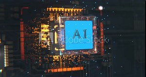 Robot assembling AI cpu chip into circuitboard, Robot replacing cpu micro chip with AI neural network based on computer circuitboard