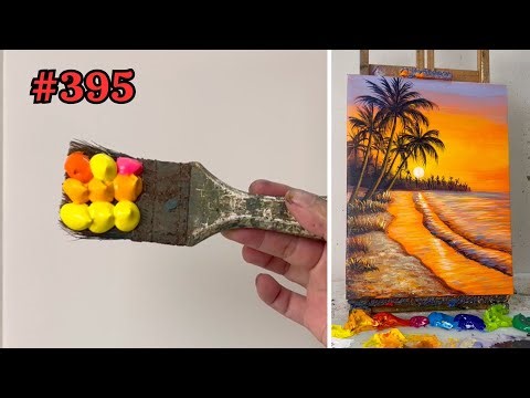 How to Draw Landscape Painting | Sunset Beach with Palm Trees | Easy Acrylic Tutorial #395