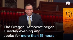 Oregon Senator Jeff Merkley took to the floor of the chamber for more than 15 hours Tuesday and Wednesday to protest President Donald Trump's Supreme Court nominee, Neil Gorsuch. Read more: http://nbcnews.to/2nXB5ie | NBC News