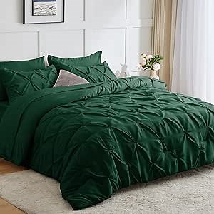 CozyLux Queen Comforter Set Emerald Green, 7 Pieces Pintuck Bed in A Bag, All Season Comforter Queen Size, Bed Set Gift for Family, Pinch Pleat Bedding Sets with Comforter, Sheets, Pillowcases & Shams