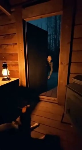 A dog barks at something in the dark inside a cabin