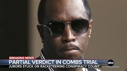After 13 hours of deliberations, the jury in Sean Combs' trial reached a verdict on four out of five counts against the music mogul, but remain stuck on the racketeering conspiracy count. The jury returns Wednesday. Aaron Katersky reports. https://abcnews.link/gwhL6Tb | ABC World News Tonight with David Muir
