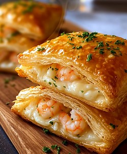 Creamy Shrimp Puff Pastries Ingredients 1 sheet puff pastry, thawed 1 cup cooked shrimp, peeled and chopped (leave some whole for texture) 2 tbsp unsalted butter 2 tbsp all-purpose flour 1 cup whole milk ½ cup shredded mozzarella or gruyère cheese 1 clove garlic, minced 1 tbsp finely chopped fresh parsley (plus extra for garnish) ½ tsp paprika Salt and black pepper, to taste 1 egg, beaten (for egg wash) Instructions Prepare the creamy filling: In a small saucepan, melt butter over medium heat. A