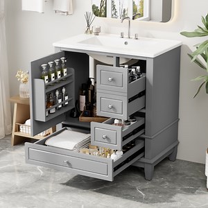 30" Bathroom Vanity with Sink Combo, Modern Bathroom Storage Cabinet with 3 Drawers and 1 Soft Closing Door, Freestanding Solid Wood Bathroom Vanities, Grey