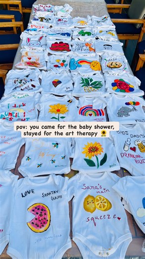 ArtGigs by Somya | Artist & Art Educator on Instagram: "Hands down, onesie painting is our most loved baby shower activity 💕 From tiny designs to heartfelt messages, every onesie turns into a keepsake made with so much love. DM us to bring this adorable, hands-on experience to your celebration ✨ ArtGigs | Delhi NCR Events #BabyShowerWorkshop #OnesiePainting #ArtWorkshopHyderabad #EventActivity #CreativeWorkshop"