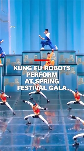 A group of humanoid robots teamed up with young Kung Fu artists for a thrilling martial arts performance at the 2026 Spring Festival Gala in Beijing. The dynamic display featured robots and human masters executing a series of impressive, choreographed stunts and synchronized moves on stage. https://cnn.it/46fN9ln | CNN