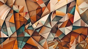 A colorful abstract painting with many triangles and squares. The painting is full of different colors and shapes, creating a dynamic and energetic composition