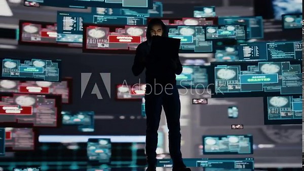 Conceptual representation of cyber crime with male hacker exploiting system vulnerability, using programming technique and surveillance to override digital defenses and leak information. Camera B.