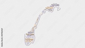 Norway logo animation. Norway boundary word cloud animation. Video of country names in multiple languages popping out on paper style background. Country opening, intro, presentation video.