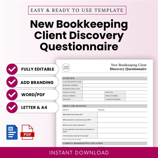 New Bookkeeping Client Discovery Questionnaire Template – Word & PDF, A4   US Letter - Etsy