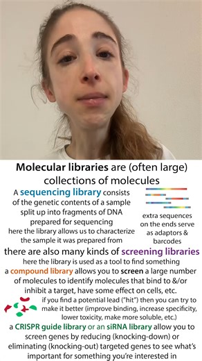 Brianna Bibel on Instagram: "Scientists love libraries. And not just the "traditional" ones (which are super undervalued...) https://youtube.com/shorts/0mBF0qfQgs A “library” is basically just some sort of collection of molecules. Often this is a large collection that is worked with in a high-throughout manner (think robotic liquid-handling machines and stuff). There are tons of different kinds of libraries that can be classified by what they contain and/or what they’re used for. Two of the main
