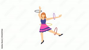 Girl juggling or spinning the rings animated video, Cute Hoop Juggler animation, circus artist Clip, Street Mime performer Footage, Carnie troupe impressive appearance motion graphics