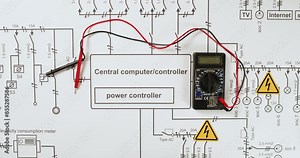 Technician arranges warning stickers around multimeter on drawing upper view. Worker warns about high voltage on electrical schematic diagram