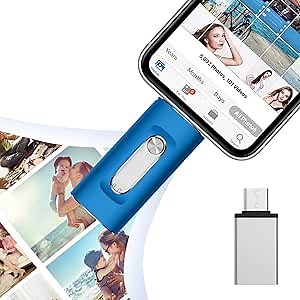 Photo Stick for Smart Phones, USB 3.0 Flash Drive for Photos, Phone Memory Stick for Android 128GB Photostick Thumb Drive Compatible with Phone, with Type-C Adapter (Light Blue)
