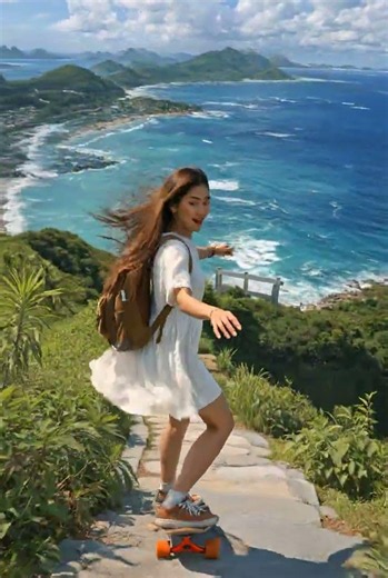 Woamn Skateboarding with the Best Ocean View Ever