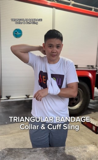 🩹 COLLAR AND CUFF SLING Using a Triangular Bandage A simple and effective alternative to a standard forearm sling in emergencies. Used for suspected forearm, wrist, or hand injuries, it supports the wrist from the neck, reduces pain, and helps prevent further damage during transport. #bandaging #bandage #firstaid #firstaidtraining #EMS #firefighters #firefightertraining #firenuzzle | firenuzzle