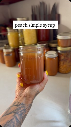 PEACH SIMPLE SYRUP (with the option to make it peach *tea* simple syrup). Here’s the recipe: 3 cups water 3 cups sugar 4 cups peach scraps Optional: sweet tea concentrate (2 cups water with 6 black tea bags steeped in it) - Bring the water and sugar and peach scraps to a simmer, smash the peaches up, let it simmer for 10 minutes. After 10 minutes take it off the heat and let it sit for an hour. Now is the time to add the sweet tea in if you are, and then ladle into your jars until half inch head