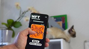 Online NFT marketplace at smartphone, selling non-fungible tokens on a cell phone. Art NFT for buying a virtual NFT market. Person viewing different tokens using mobile app.