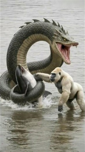 Giant Snake vs. Gorilla: A Breathtaking Fight to Save the Dolphin! #Animals #Shorts