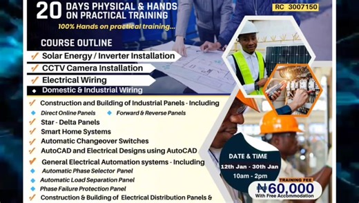 🌹20 DAYS PHYSICAL & PRACTICAL TRAINING 🌹Join our 20 Days mega training that is starting on Monday the 12th of January 2026. 100% Hands -on- practical training. 👇Click here to chat with us directly on Whatsapp https://wa.link/cabde4 OR Call / WhatsApp us on 07038187748 09135544924 Are you ready to elevate your skills in electrical engineering ? We are excited to announce to you that we are starting our 20 Days Physical and practical training program on Monday the 12th of January 2026. 🌹👉 TRA
