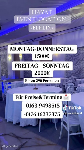 Hayat Eventlocation aus Berlin. Von Montag bis Donnerstag nur 1500€. Von Freitag bis Sonntag nur 2000€. Angebot!!! Die Besten Angebote der Stadt Berlin bei Hayat Eventsaal. Hayat Eventsaal hat Kapazität für bis zu 290 Personen im Saal. Für weitere Preise&Termine oder Informationen gerne per Dm ! Luxuriös und Günstig! Luxus muss nicht immer teuer sein bei Hayat Eventsaal. Wir freuen uns auf euch! #Berlin #Resturant #gutgenug #Feier #Saal