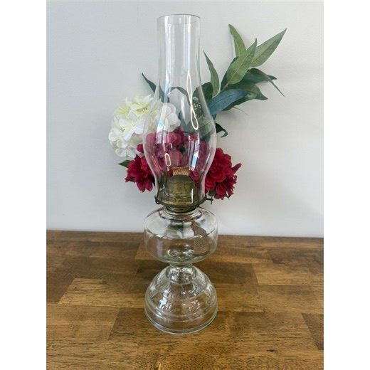 Antique Clear Glass Oil Lamp Embossed Floral Base Pink Glow Hurricane Lamp - Etsy