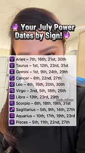 164 reactions · 14 shares | Your July Power Dates by Sign #july2025 #july #zodiac #AstroEnergy #birthdatepersonality #tarot #tarotreading #atrology #numerology #zodiacsign | Honie Jalbuna | Facebook